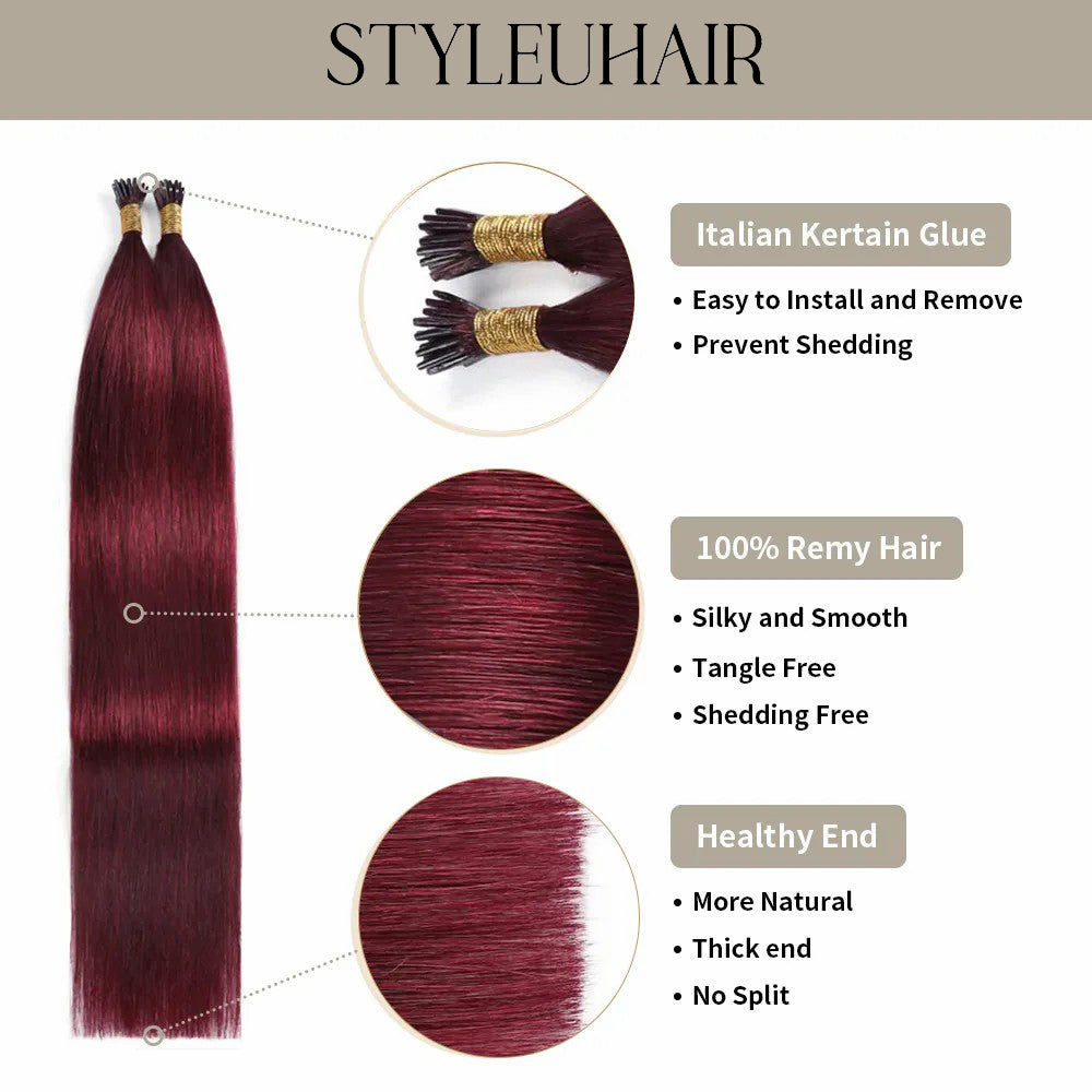 STYLEUHAIR Easy To Install Silky And Smooth 5.0MM*3.0MM*3.0MM I Tip Hair Extensions Straight Natural 100% Remy Human Hair 25 Strands Per Bundle (