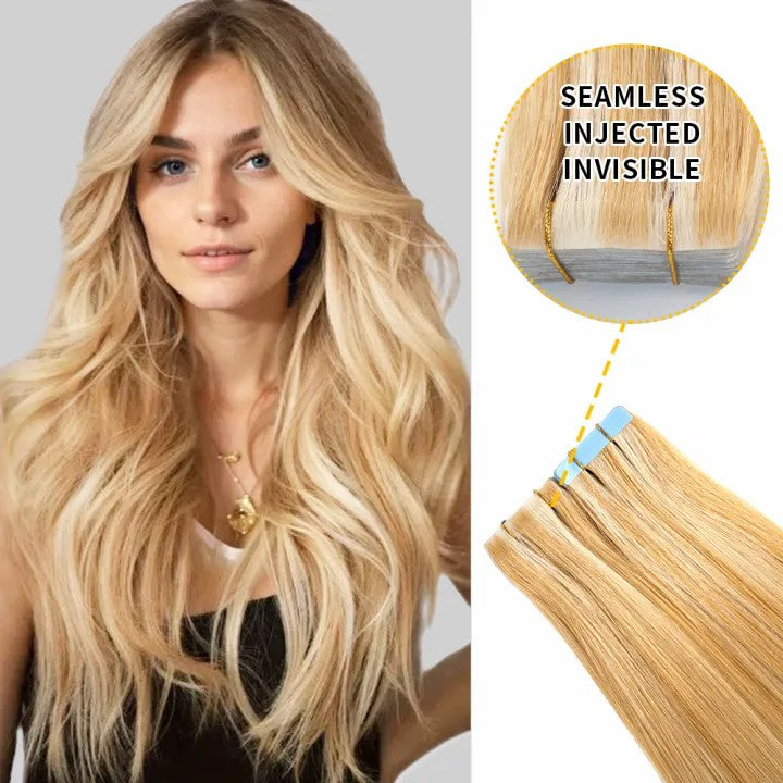 STYLEUHAIR 14-22 Inch Seamless Injected Hand-Tied Invisible Tape In Hair Extension 20Pcs High Density Shiny Soft 100% Virgin Human Hair (P27 613) Blonde Color Highlight For Women Tape In Extensions Near Me