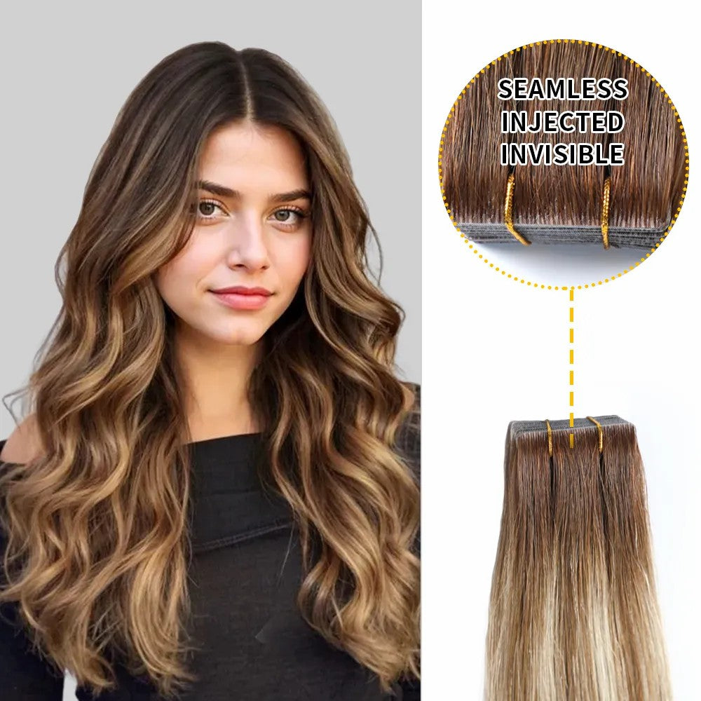 STYLEUHAIR 14-26 Inch Seamless Injected Hand-Tied Invisible Tape In Extensions Human Hair 20Pcs High Density Shiny Soft 100% Virgin Human Hair (P6 613 T4) Ombre Highlight For Women Tape In Extensions Near Me