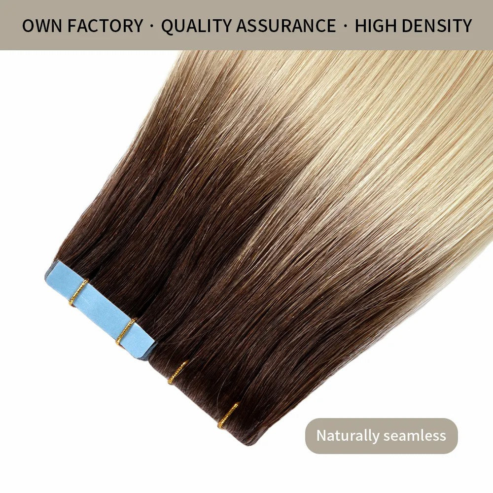 STYLEUHAIR 14-26 Inch Tape In Extension Seamless Injected Hand-Tied Invisible Tape In Extensions Human Hair 20Pcs High Density Shiny Soft 100% Virgin Human Hair (T2 613) Blonde Color Ombre For Women Tape In Extensions Near Me