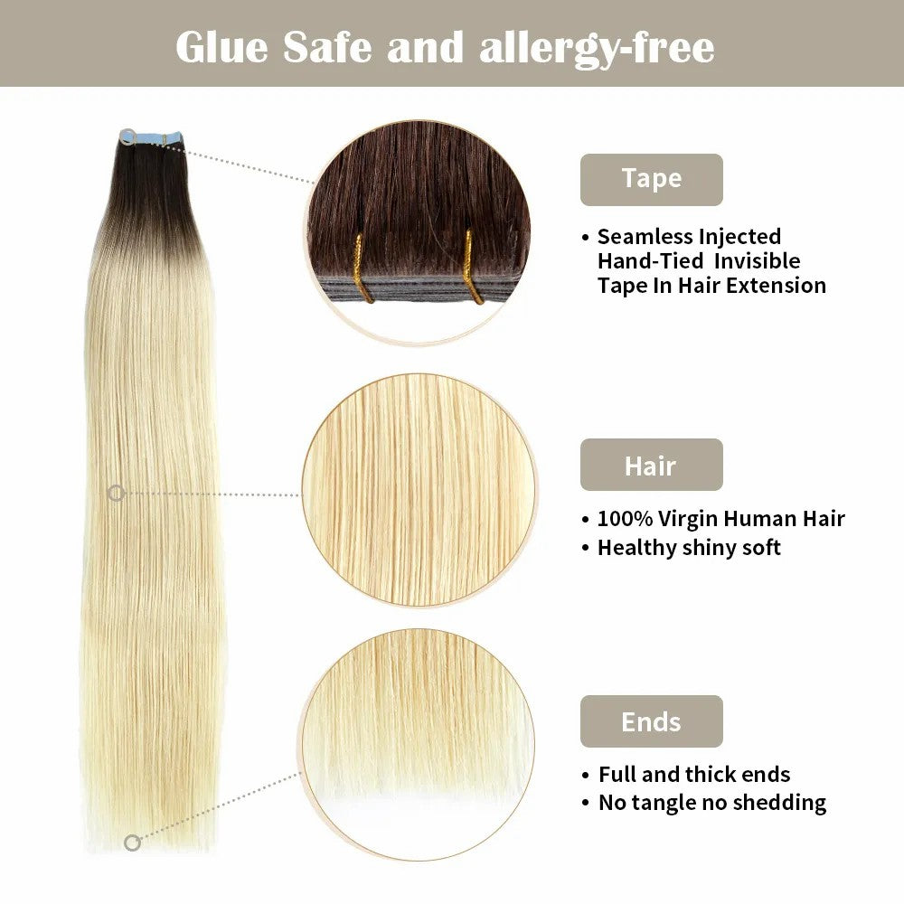STYLEUHAIR 14-26 Inch Tape In Extension Seamless Injected Hand-Tied Invisible Tape In Extensions Human Hair 20Pcs High Density Shiny Soft 100% Virgin Human Hair (T2 613) Blonde Color Ombre For Women Tape In Extensions Near Me