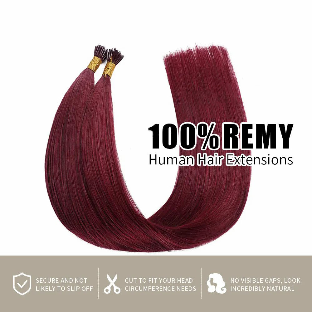 STYLEUHAIR Easy To Install Silky And Smooth 5.0MM*3.0MM*3.0MM I Tip Hair Extensions Straight Natural 100% Remy Human Hair 25 Strands Per Bundle (#99j Burgundy) For Women