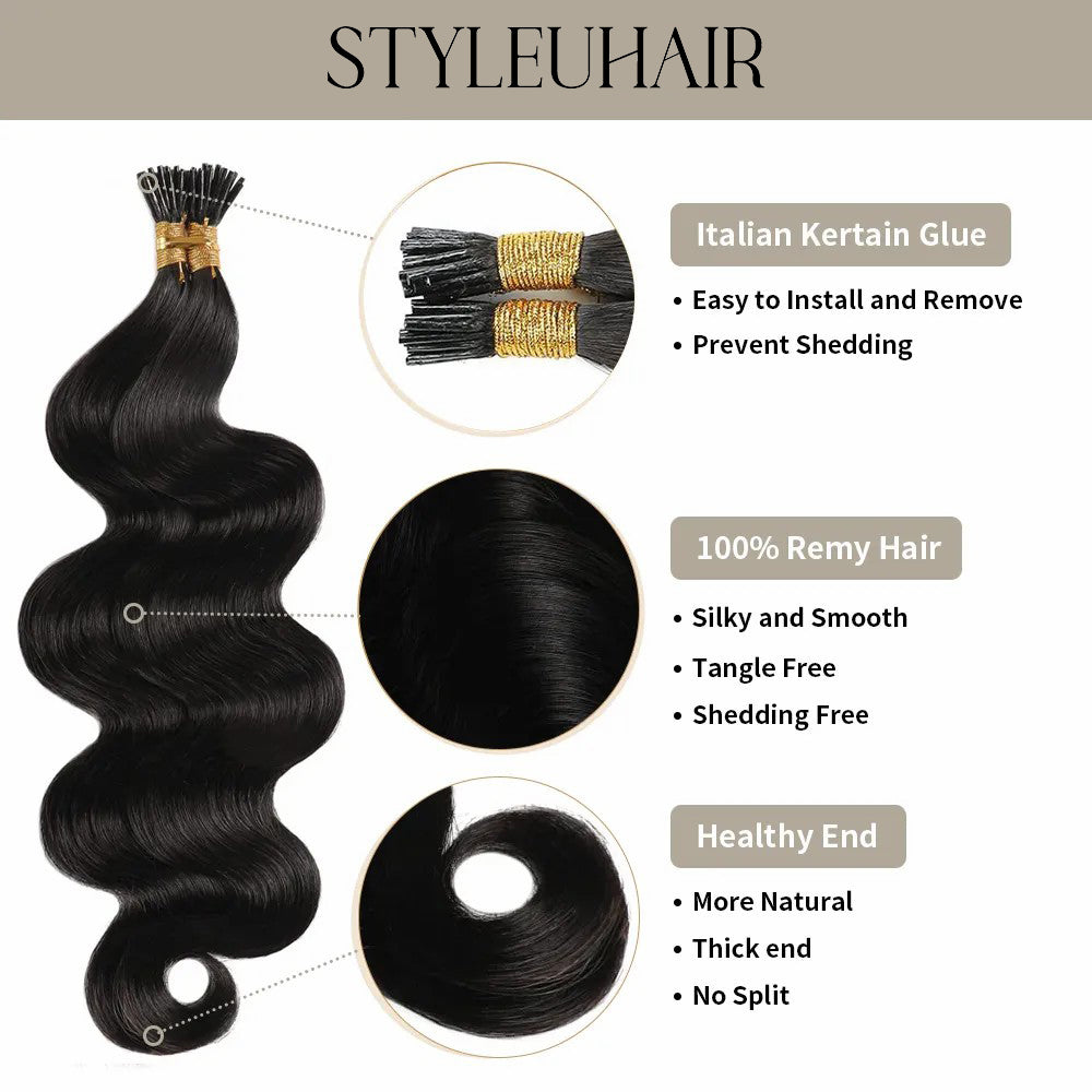 STYLEUHAIR Easy To Install Silky And Smooth 5.0MM*3.0MM*3.0MM I Tip Hair Extensions Body Wave Natural 100% Remy Human Hair 25 Strands Per Bundle (