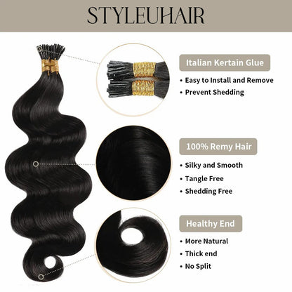 STYLEUHAIR Easy To Install Silky And Smooth 5.0MM*3.0MM*3.0MM I Tip Hair Extensions Body Wave Natural 100% Remy Human Hair 25 Strands Per Bundle (