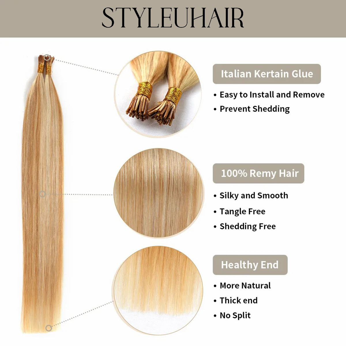 STYLEUHAIR 5.0MM*3.0MM*3.0MM I Tip Hair Extensions Invisible Natural Remy Human Hair (