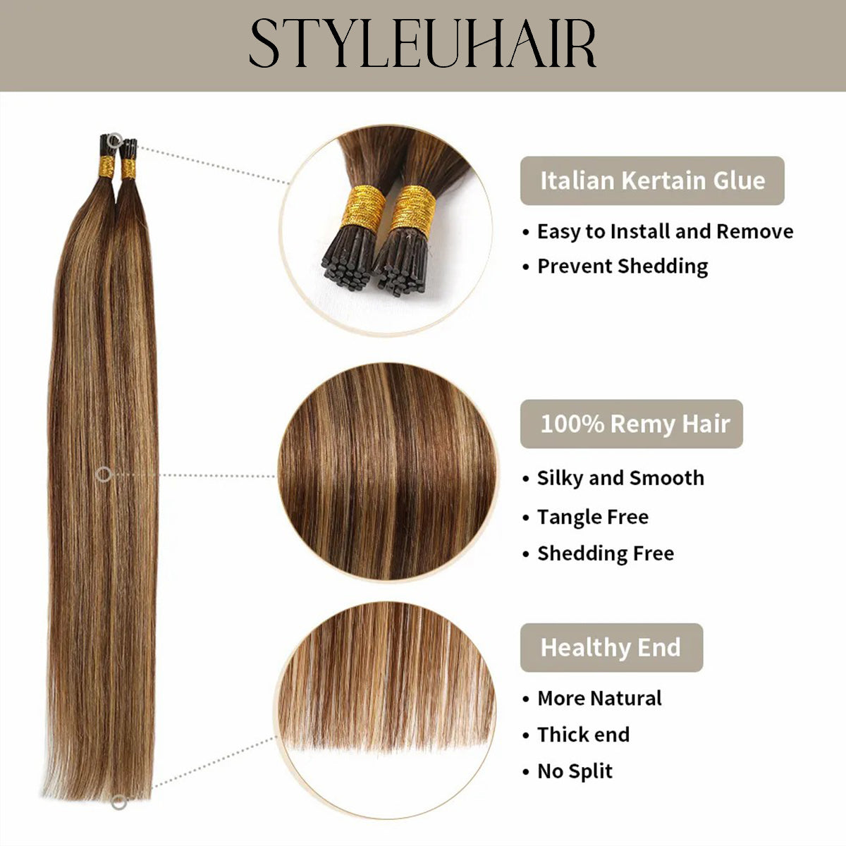 STYLEUHAIR 5.0MM*3.0MM*3.0MM I Tip Hair Extensions Invisible Natural Remy Human Hair (