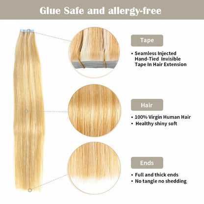 STYLEUHAIR 14-22 Inch Seamless Injected Hand-Tied Invisible Tape In Hair Extension 20Pcs High Density Shiny Soft 100% Virgin Human Hair (P27 613) Blonde Color Highlight For Women Tape In Extensions Near Me 