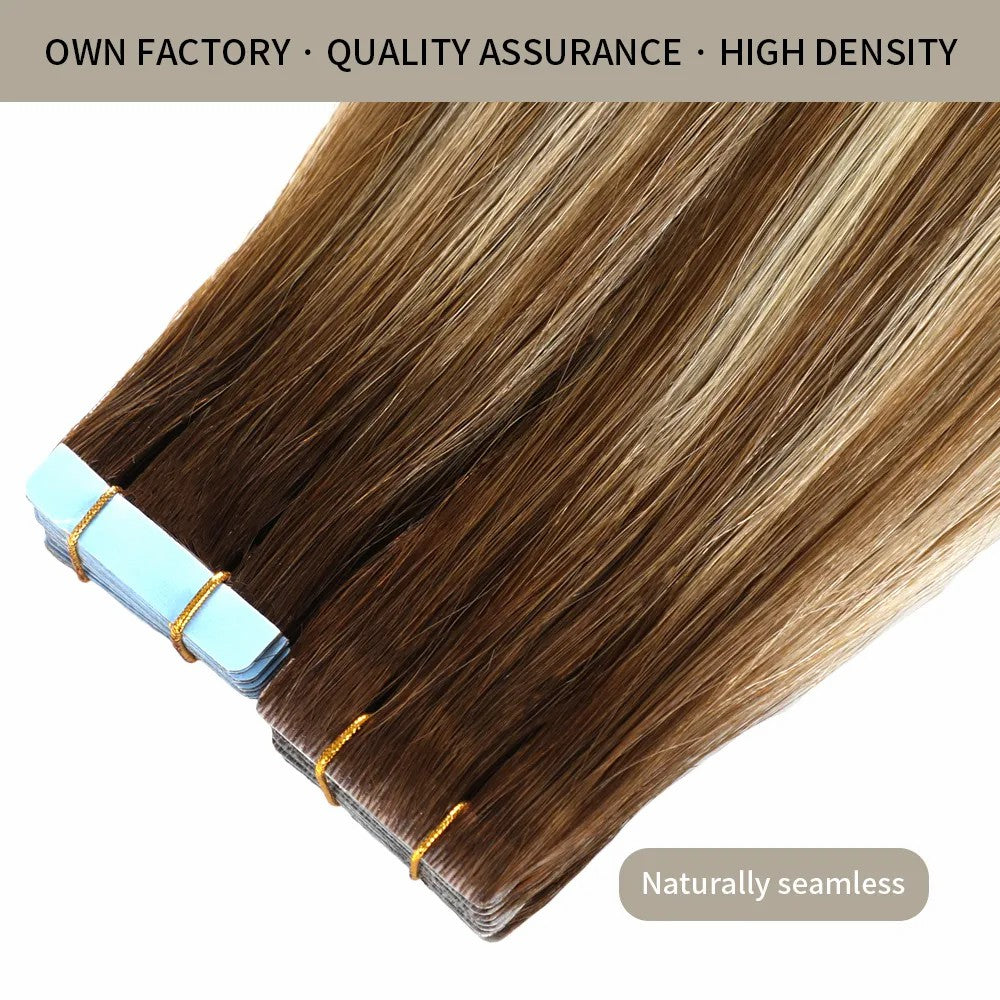 STYLEUHAIR 14-26 Inch Seamless Injected Hand-Tied Invisible Tape In Extensions Human Hair 20Pcs High Density Shiny Soft 100% Virgin Human Hair (P6 613 T4) Ombre Highlight For Women Tape In Extensions Near Me