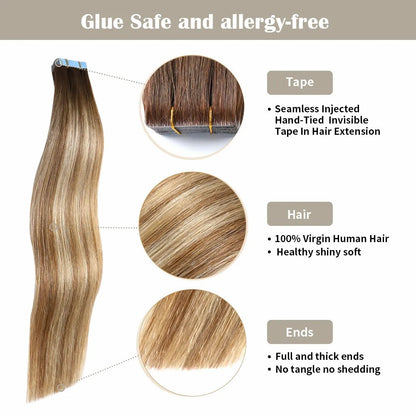 STYLEUHAIR 14-26 Inch Seamless Injected Hand-Tied Invisible Tape In Extensions Human Hair 20Pcs High Density Shiny Soft 100% Virgin Human Hair (P6 613 T4) Ombre Highlight For Women Tape In Extensions Near Me