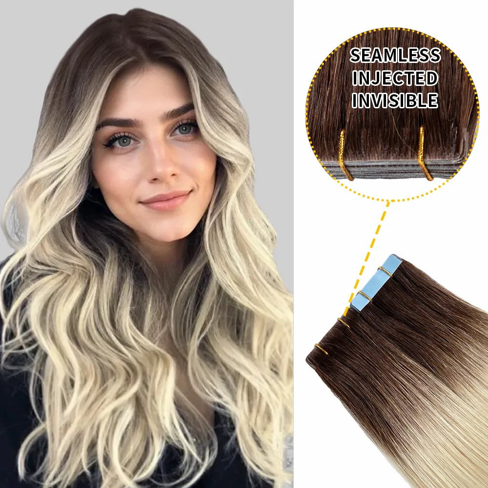 STYLEUHAIR 14-26 Inch Tape In Extension Seamless Injected Hand-Tied Invisible Tape In Extensions Human Hair 20Pcs High Density Shiny Soft 100% Virgin Human Hair (T2 613) Blonde Color Ombre For Women Tape In Extensions Near Me 