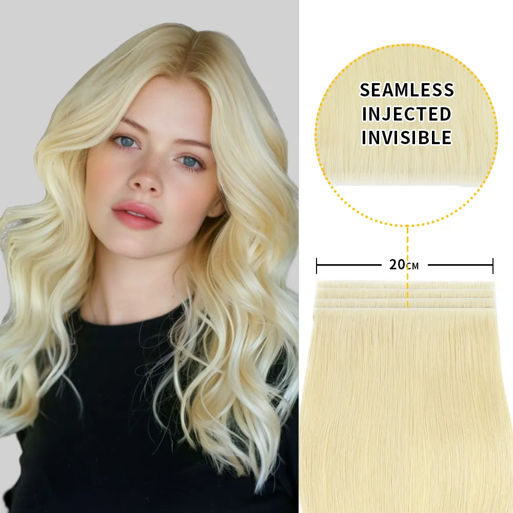 STYLEUHAIR 20*0.8CM Long Seamless Injected Hand-Tied Invisible Tape In Hair Extension 4Pcs Soft And Full Silk Straight Virgin Human Hair (