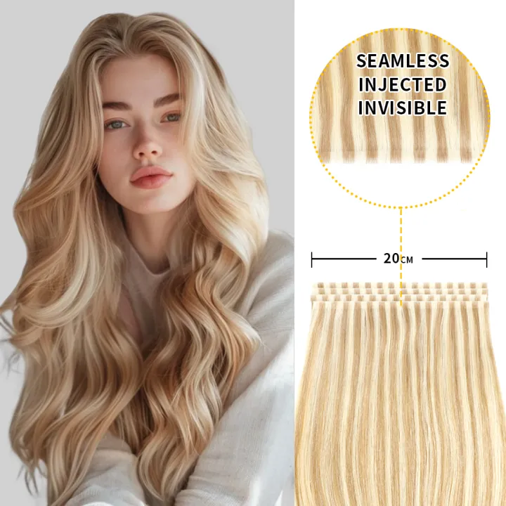 STYLEUHAIR 20*0.8CM Long Seamless Injected Hand-Tied Invisible Tape In Hair Extension 4Pcs Soft And Full Silk Straight Virgin Human Hair (