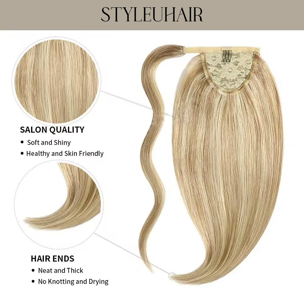 STYLEUHAIR Ponytail Extension With Magic Paste A Single Strand Of Hair Soft And Thick 100% Remy Human Hair Extensions 12-28 Inch (