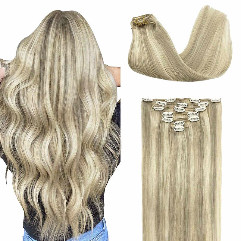 STYLEUHAIR 14-22 Inch Classic Clip In Hair Extensions Human Hair 7Pcs Clips Invisible Natural Remy Human Hair Ash Blonde Highlights (17A/60) 