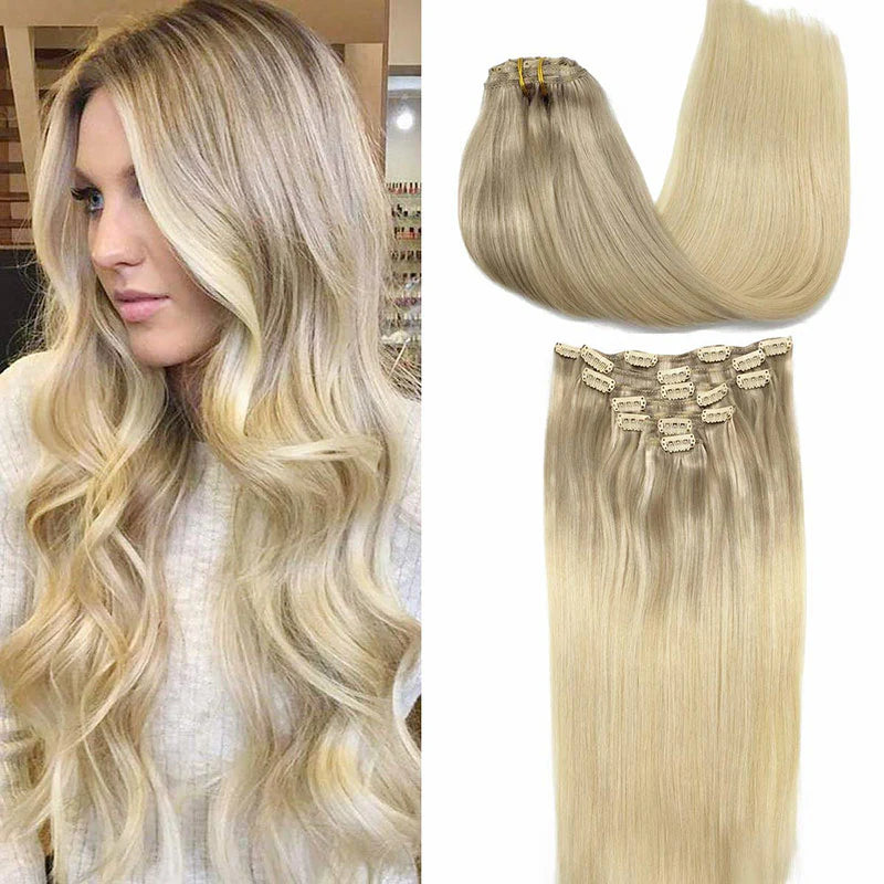 STYLEUHAIR 14-22 Inch Classic Clip In Hair Extensions Human Hair 7Pcs Clips Invisible Natural Remy Human Hair Platinum Blonde Balayage (