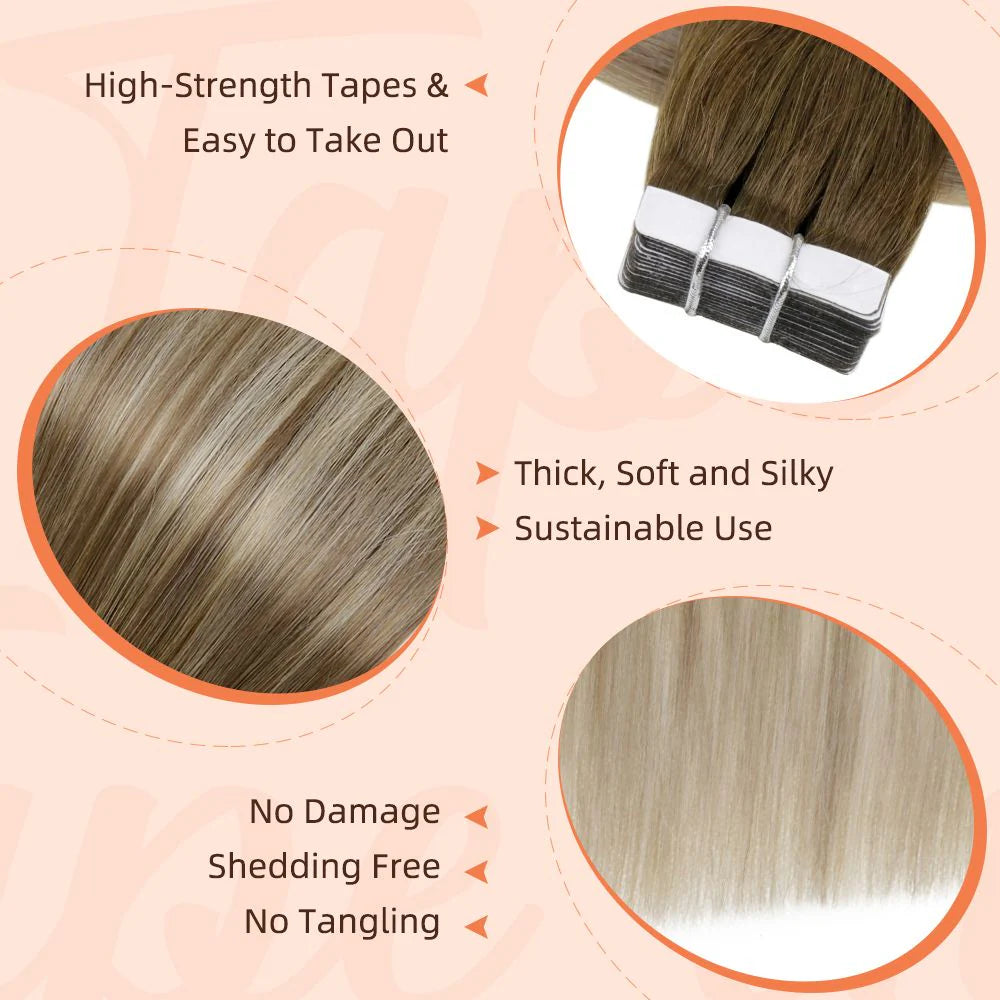 STYLEUHAIR 14-24 Inch Invisible Tape In Hair Extensions 20Pcs Virgin Human Hair Ombre Highlight (